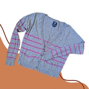 AEO Pink + Brown Striped Pocket Cardigan